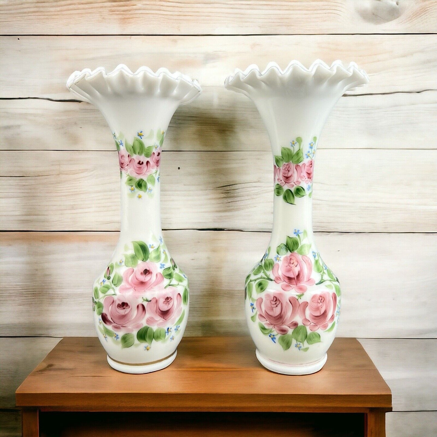 Pair of Milk Glass Vases Standing 10" White Handpainted Ruffled Top (Fenton?)