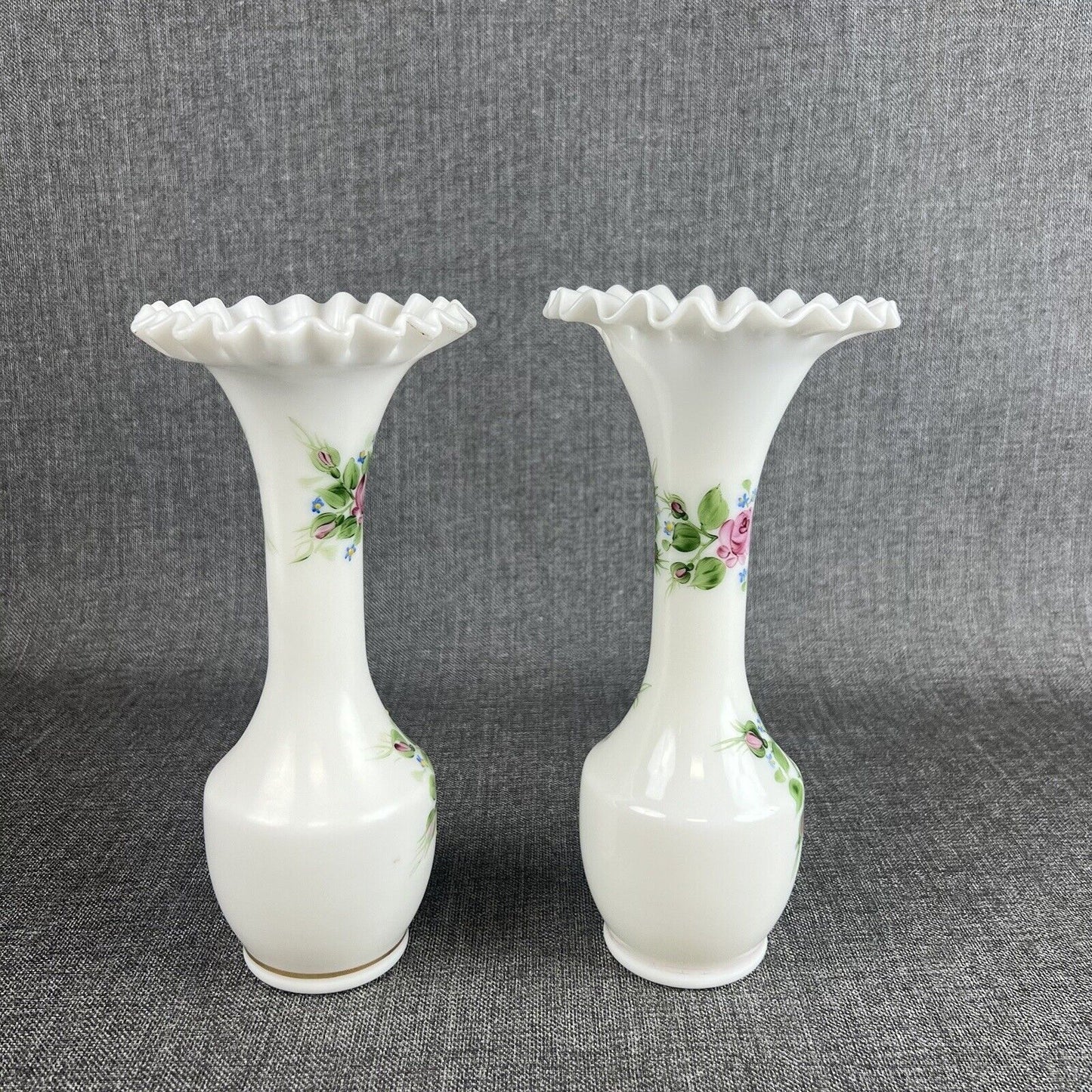 Pair of Milk Glass Vases Standing 10" White Handpainted Ruffled Top (Fenton?)