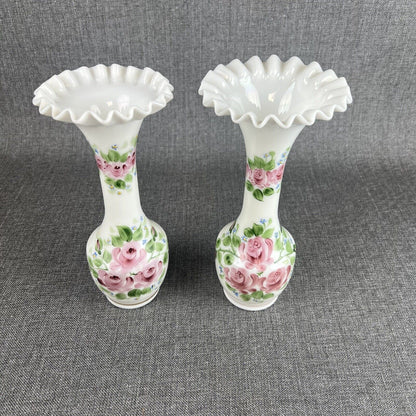 Pair of Milk Glass Vases Standing 10" White Handpainted Ruffled Top (Fenton?)