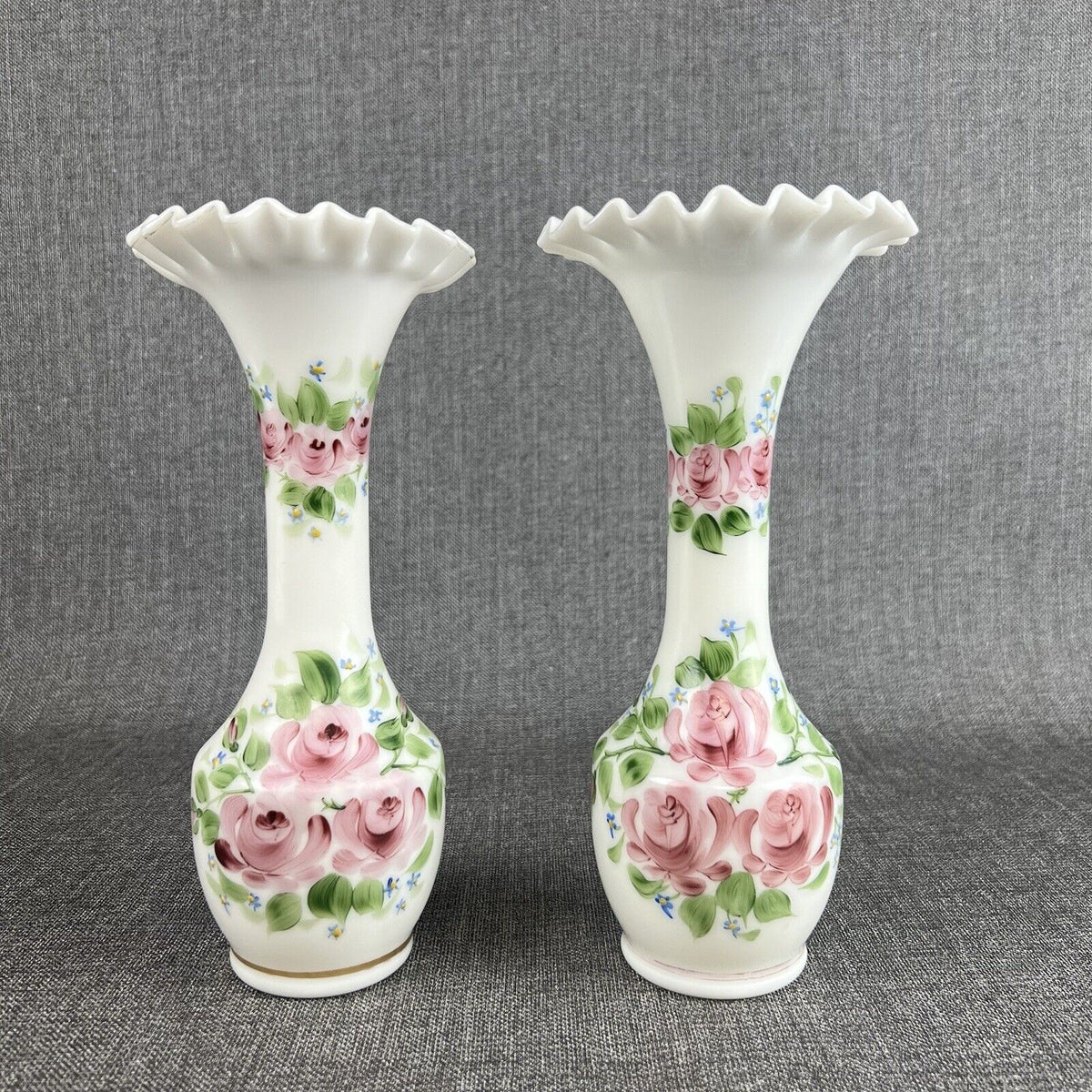 Pair of Milk Glass Vases Standing 10" White Handpainted Ruffled Top (Fenton?)