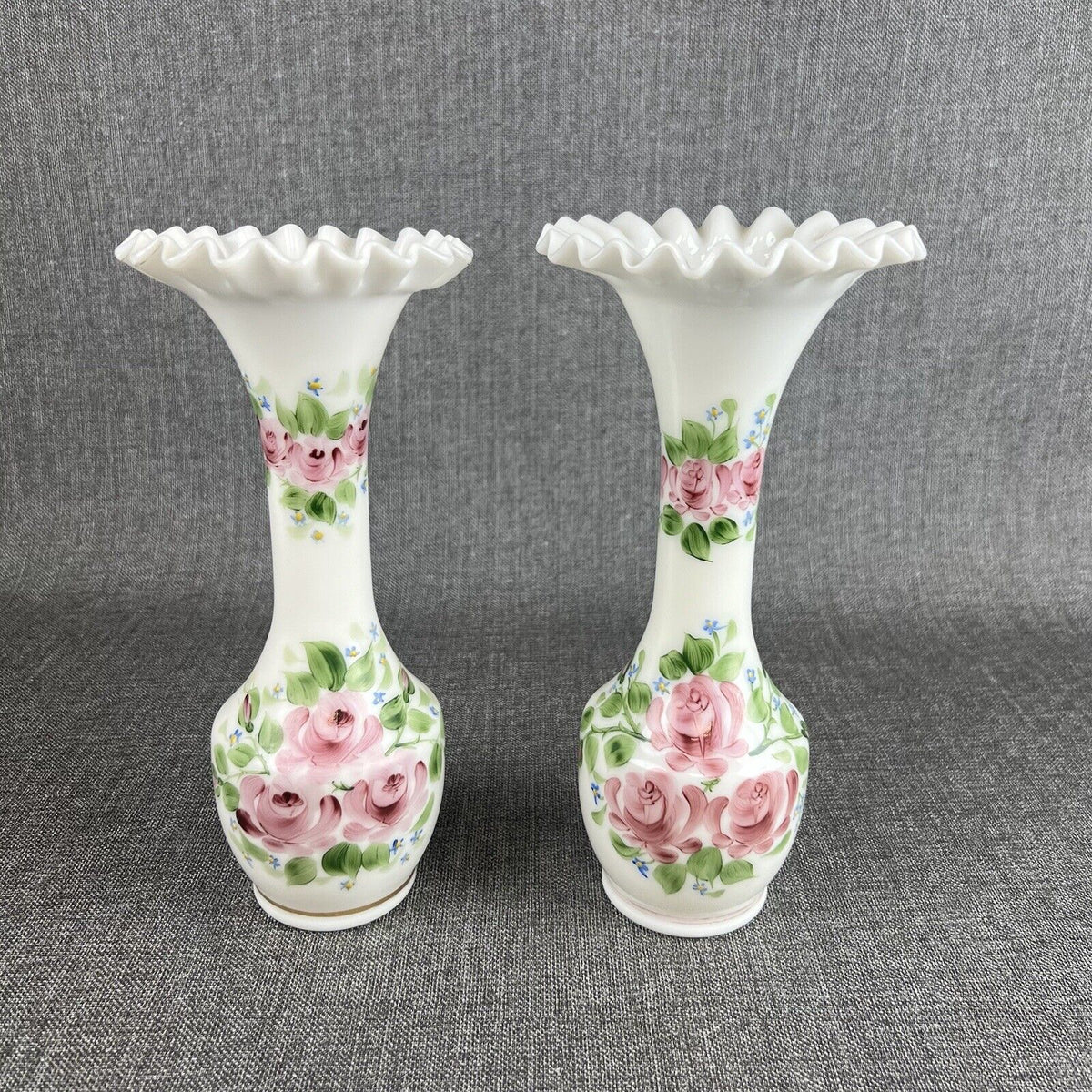 Pair of Milk Glass Vases Standing 10" White Handpainted Ruffled Top (Fenton?)