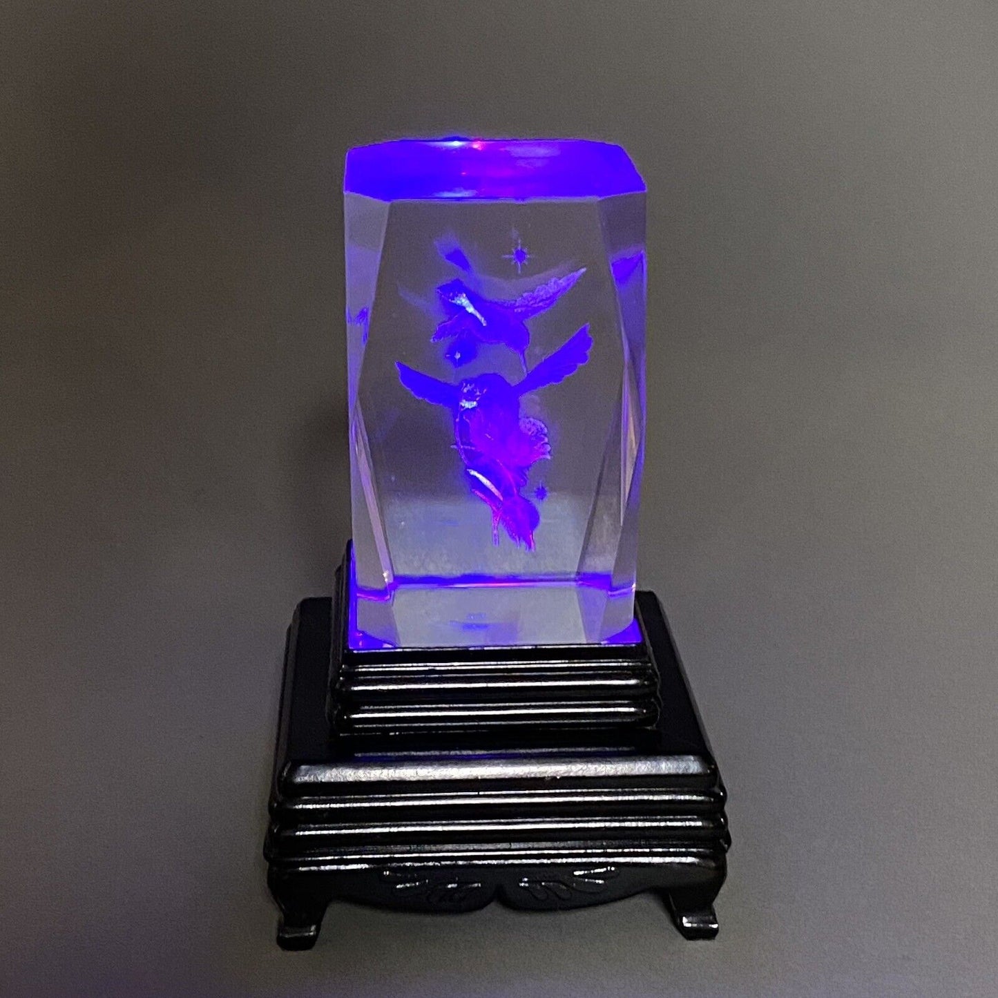 Hummingbirds Flower Glass Laser Etched Crystal Cube Holographic - illuminated