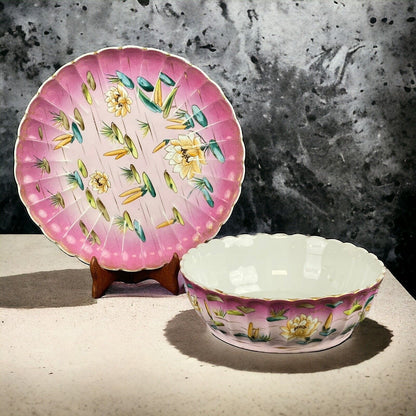 Vintage Bowl 9.5" and Platter 11.5" HandPainted Lilly Pad Planter (Unique)