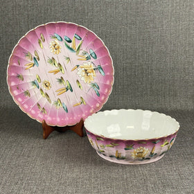 Vintage Bowl 9.5" and Platter 11.5" HandPainted Lilly Pad Planter (Unique)