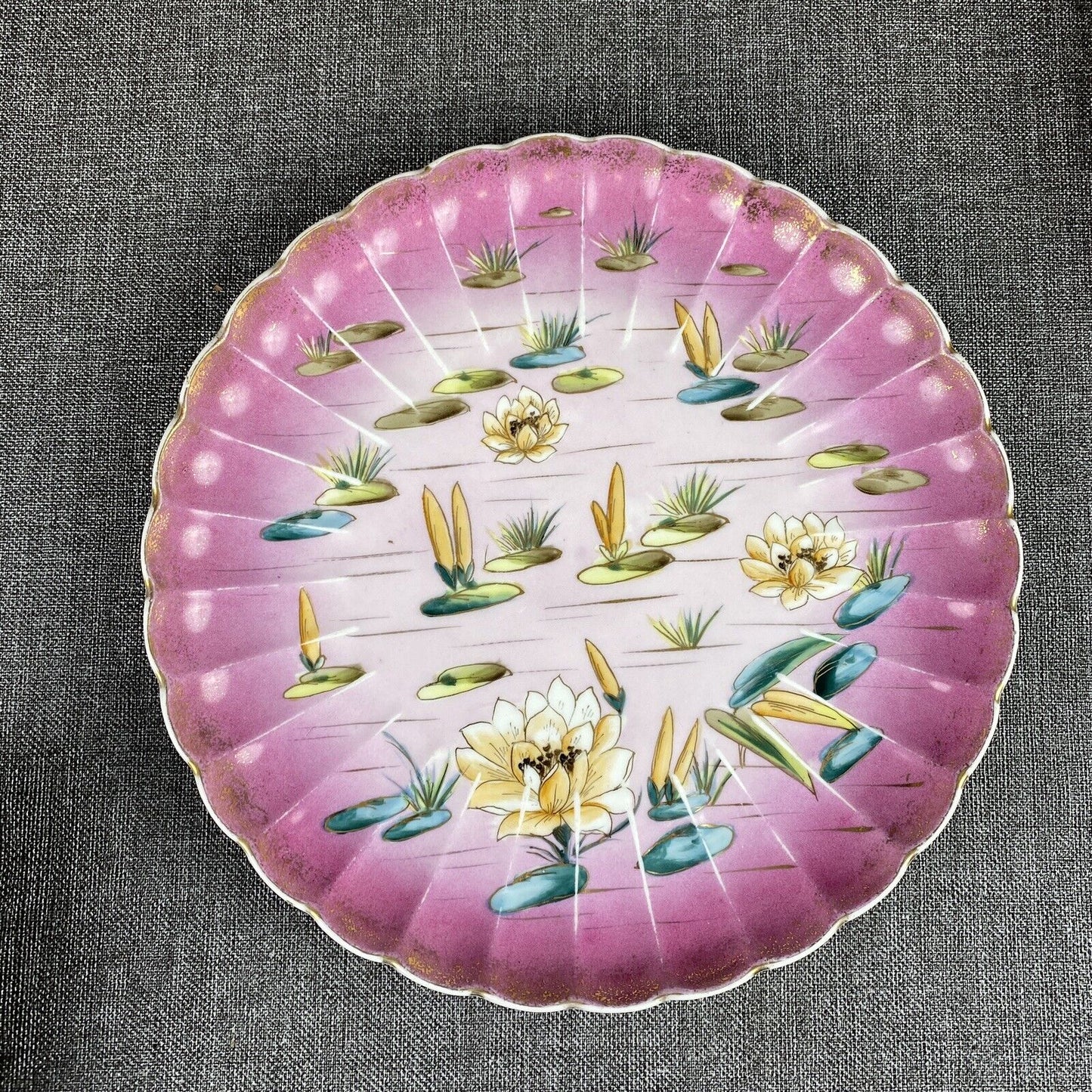 Vintage Bowl 9.5" and Platter 11.5" HandPainted Lilly Pad Planter (Unique)