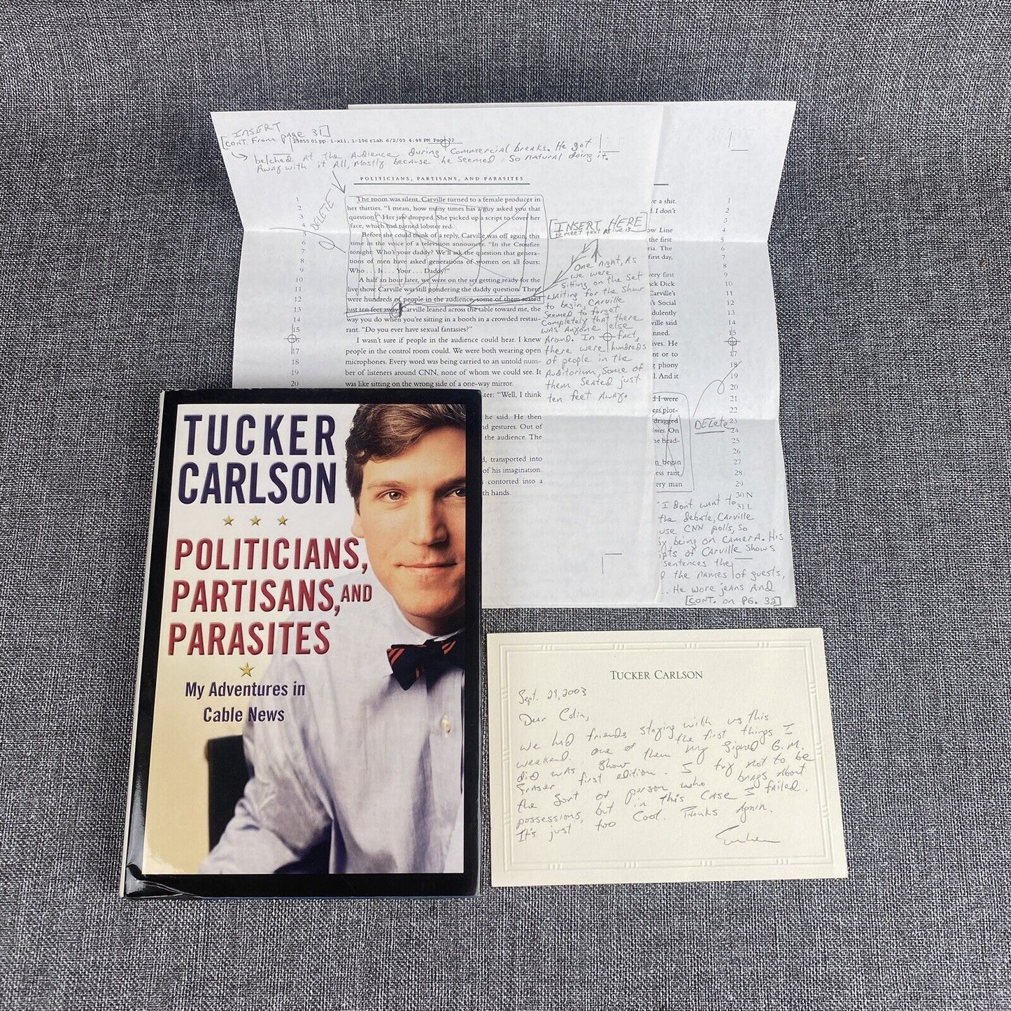 Tucker Carlson Politicians Partisans 1st Printing SIGNED/Letter Colin Fox