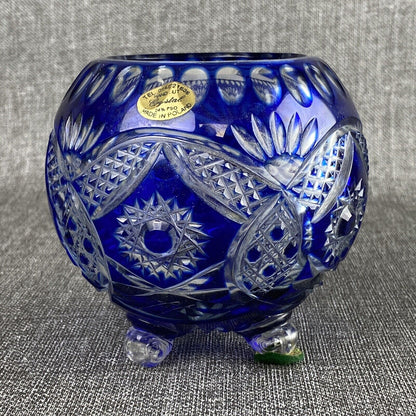 Vintage Cobalt Blue Leaded Crystal Footed Bowl made in Poland 4.5"