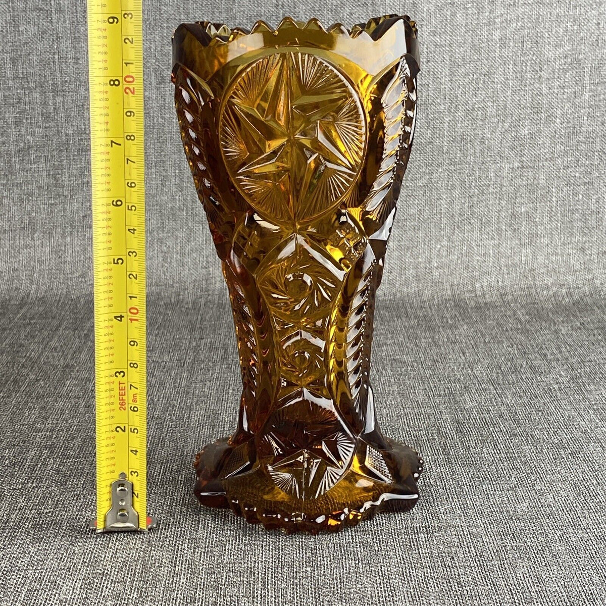 Vintage Pair of L.E. Smith Amber Ohio Star Vases 9" tall