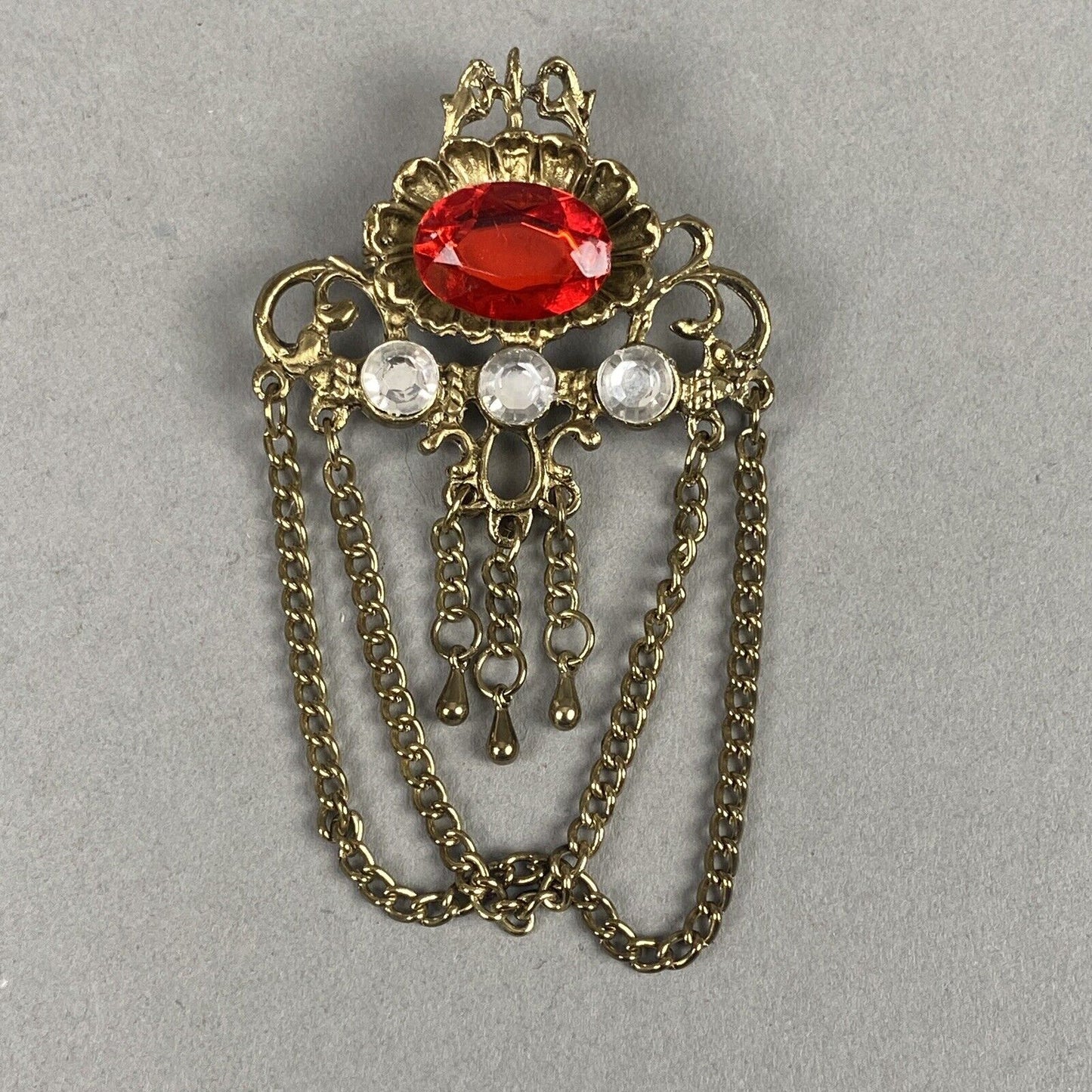 Vintage Costume Jewelry Brooch Gold /Red 3" Long