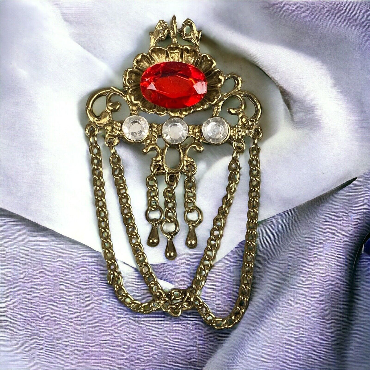 Vintage Costume Jewelry Brooch Gold /Red 3" Long