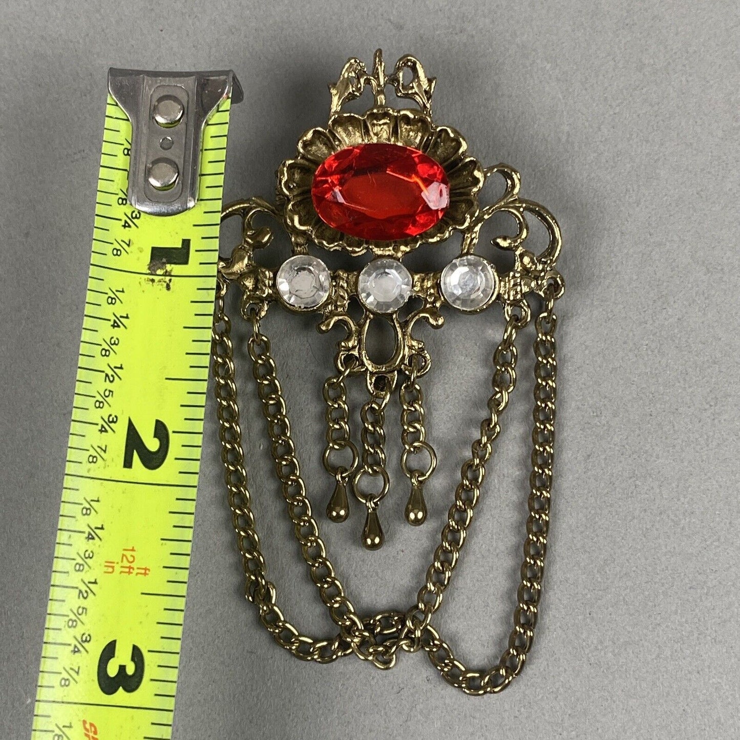 Vintage Costume Jewelry Brooch Gold /Red 3" Long