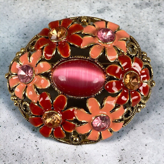 Vintage Brooch 2" Metal with Enamel Flower design