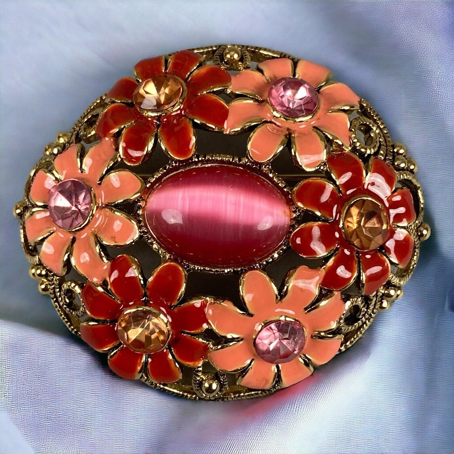 Vintage Brooch 2" Metal with Enamel Flower design