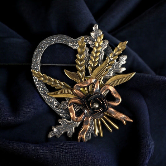 Vintage Metal Brooch 2" Heart With accents, Silver, Brass and Copper Colors