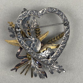 Vintage Metal Brooch 2" Heart With accents, Silver, Brass and Copper Colors