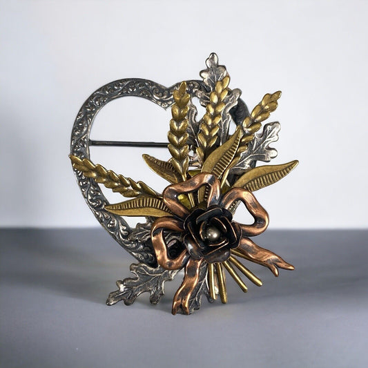 Vintage Metal Brooch 2" Heart With accents, Silver, Brass and Copper Colors