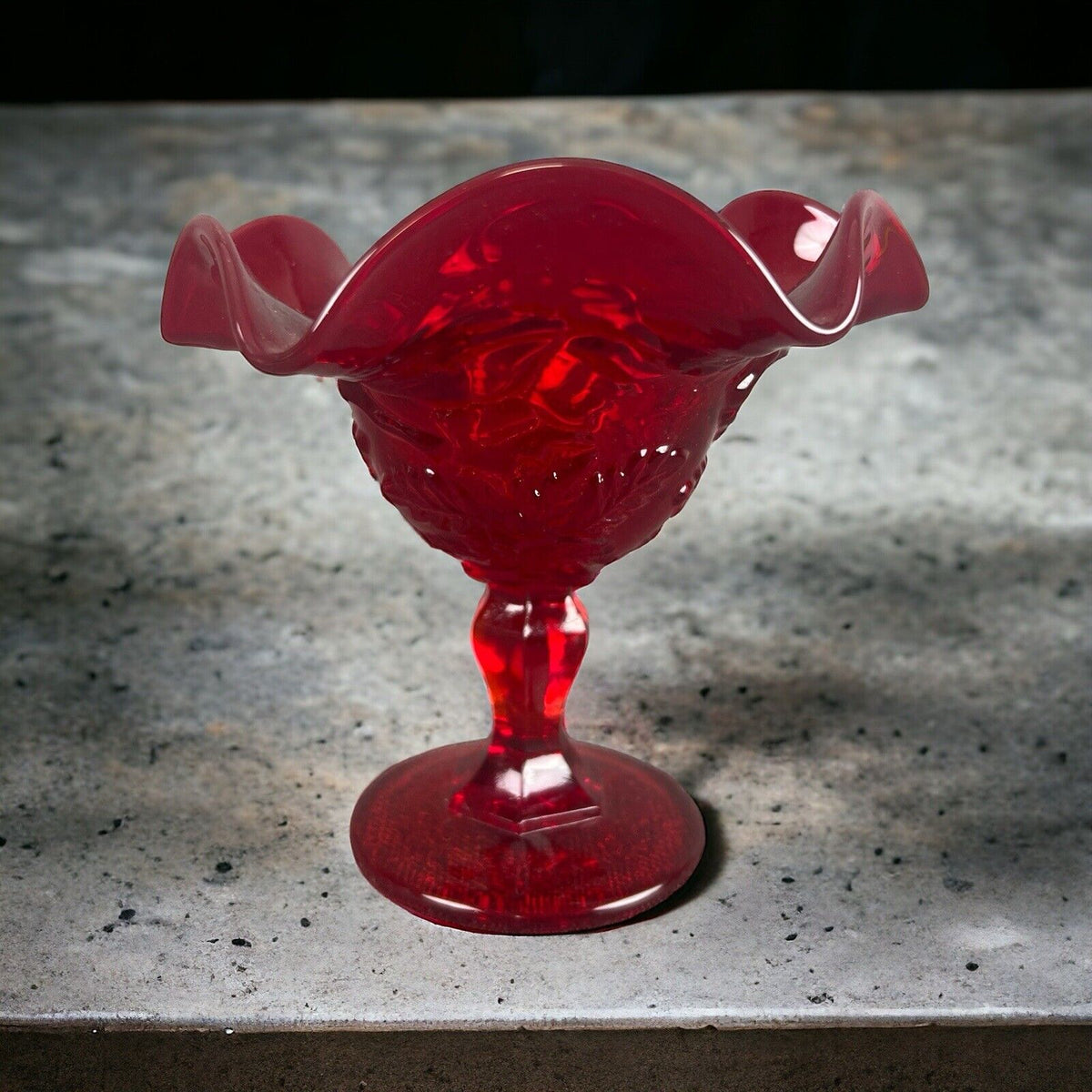 VINTAGE Ruby Red Glass Pedestal Ruffled Compote Candy Dish