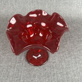 VINTAGE Ruby Red Glass Pedestal Ruffled Compote Candy Dish