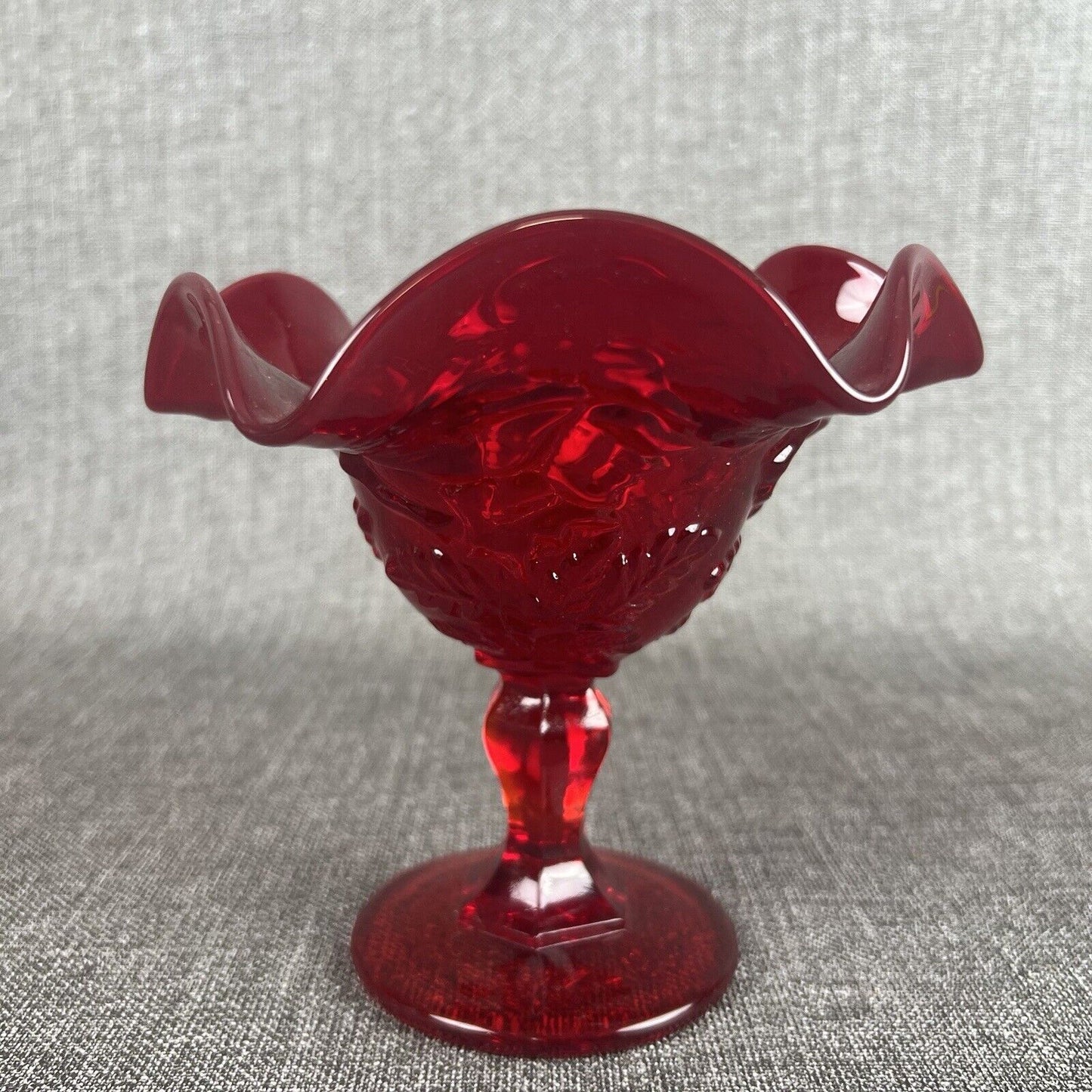 VINTAGE Ruby Red Glass Pedestal Ruffled Compote Candy Dish