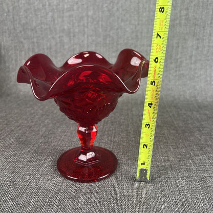 VINTAGE Ruby Red Glass Pedestal Ruffled Compote Candy Dish