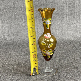 Bohemian Czech Amber Glass Bud Vase - Hand made and Painted 8" Vtg