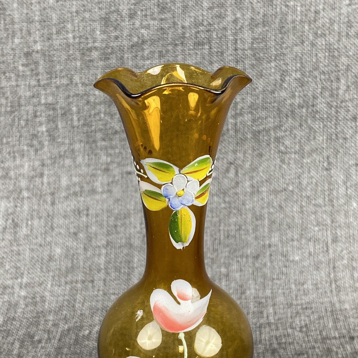 Bohemian Czech Amber Glass Bud Vase - Hand made and Painted 8" Vtg