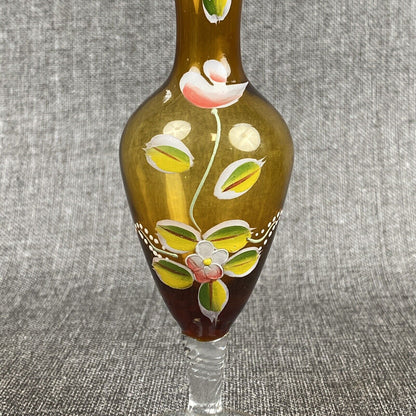 Bohemian Czech Amber Glass Bud Vase - Hand made and Painted 8" Vtg