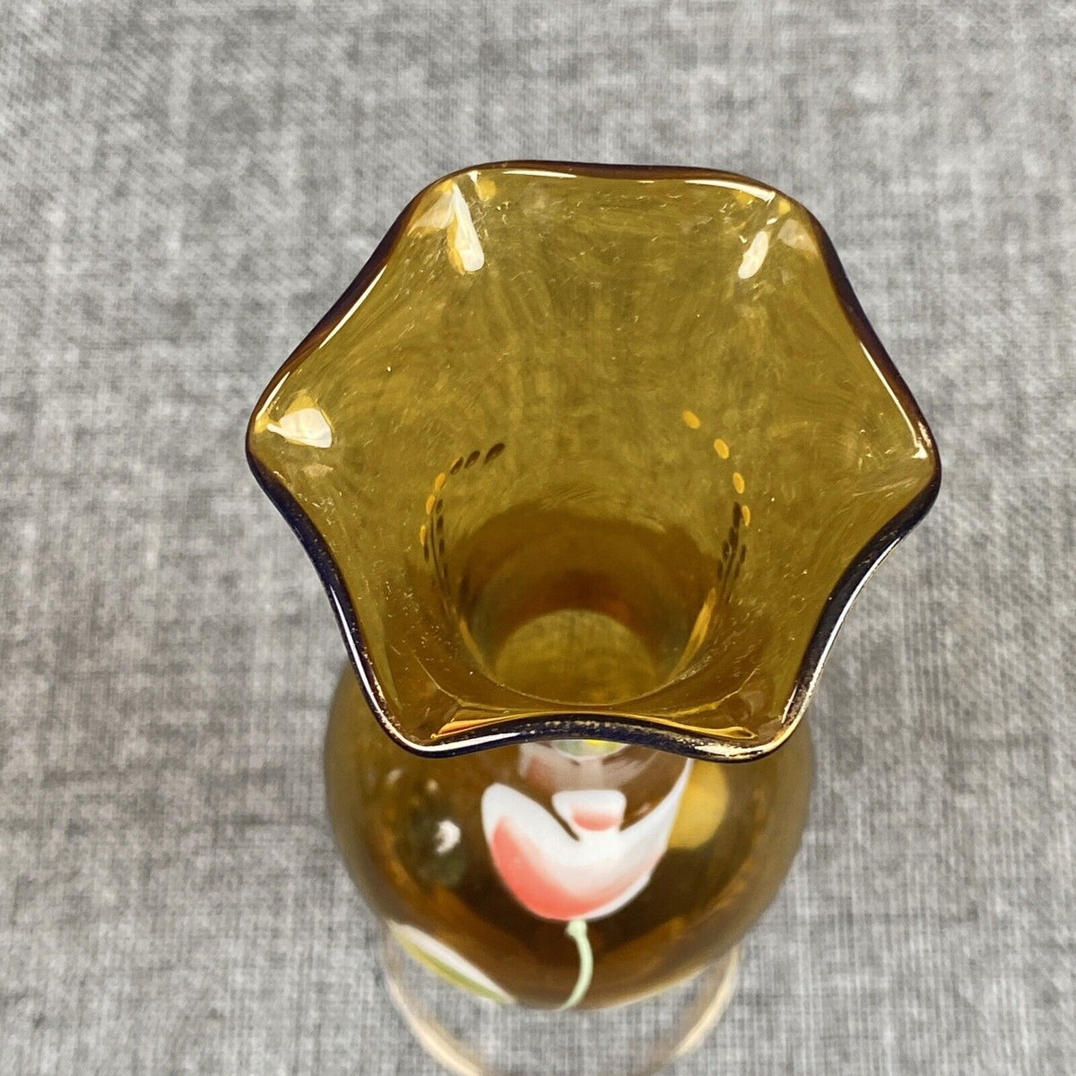 Bohemian Czech Amber Glass Bud Vase - Hand made and Painted 8" Vtg