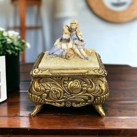 Vintage Brass Trinket Music Box Lover's Figurines Decoration Velvet Interior