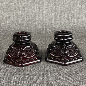 Pair of Avon CAPE COD Ruby Red Short footed Candlesticks Candle Holders