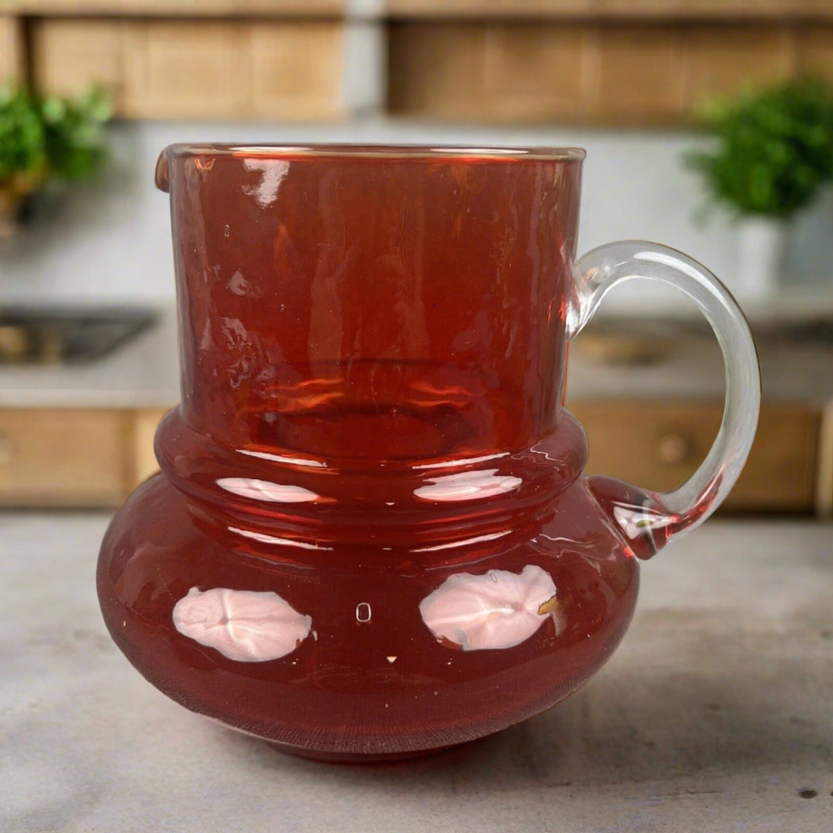 Vintage Ruby Red Glass Pitcher with Clear Handle Mid-century modern 7" tall