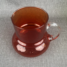 Vintage Ruby Red Glass Pitcher with Clear Handle Mid-century modern 7" tall