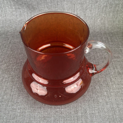 Vintage Ruby Red Glass Pitcher with Clear Handle Mid-century modern 7" tall