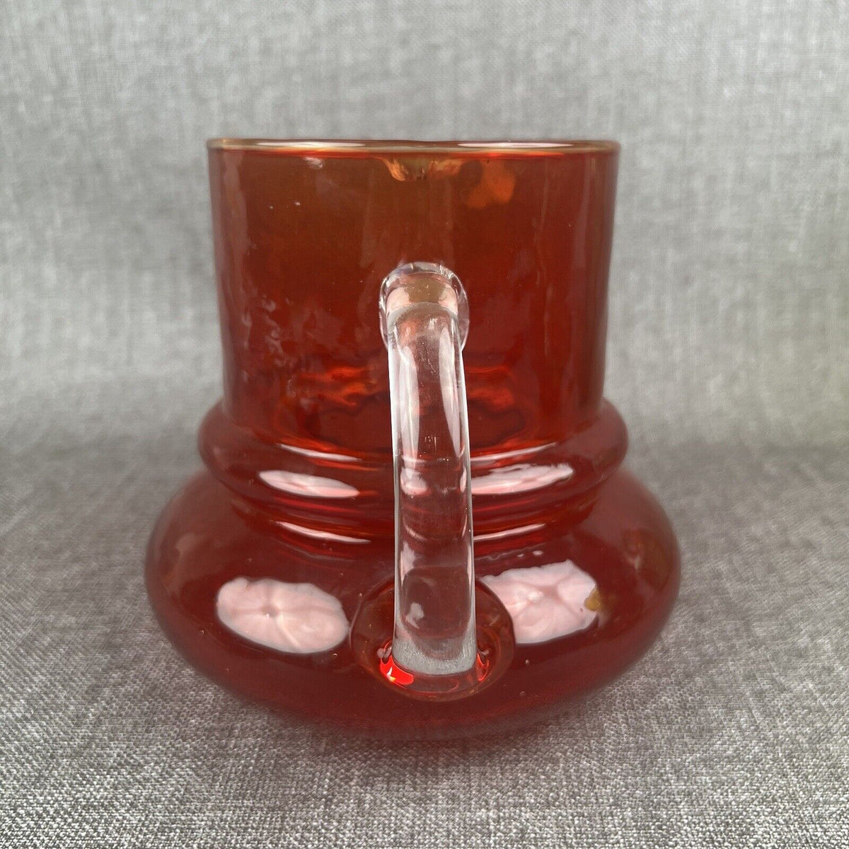 Vintage Ruby Red Glass Pitcher with Clear Handle Mid-century modern 7" tall