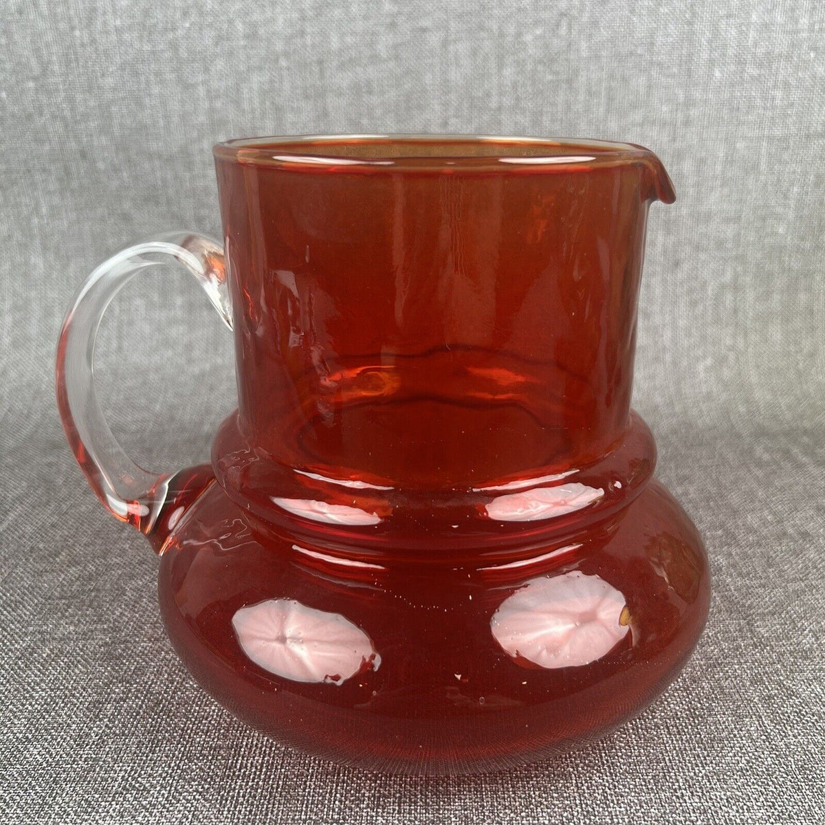 Vintage Ruby Red Glass Pitcher with Clear Handle Mid-century modern 7" tall