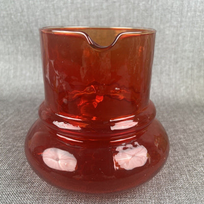 Vintage Ruby Red Glass Pitcher with Clear Handle Mid-century modern 7" tall