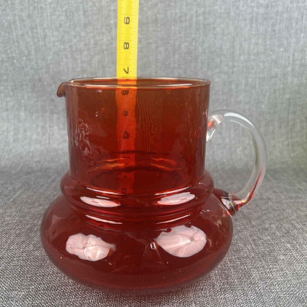 Vintage Ruby Red Glass Pitcher with Clear Handle Mid-century modern 7" tall