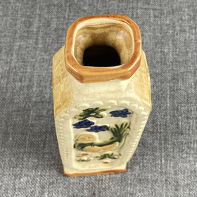 Antique Ceramic Flower Vase 8", bird and flowers, glazed , Japan