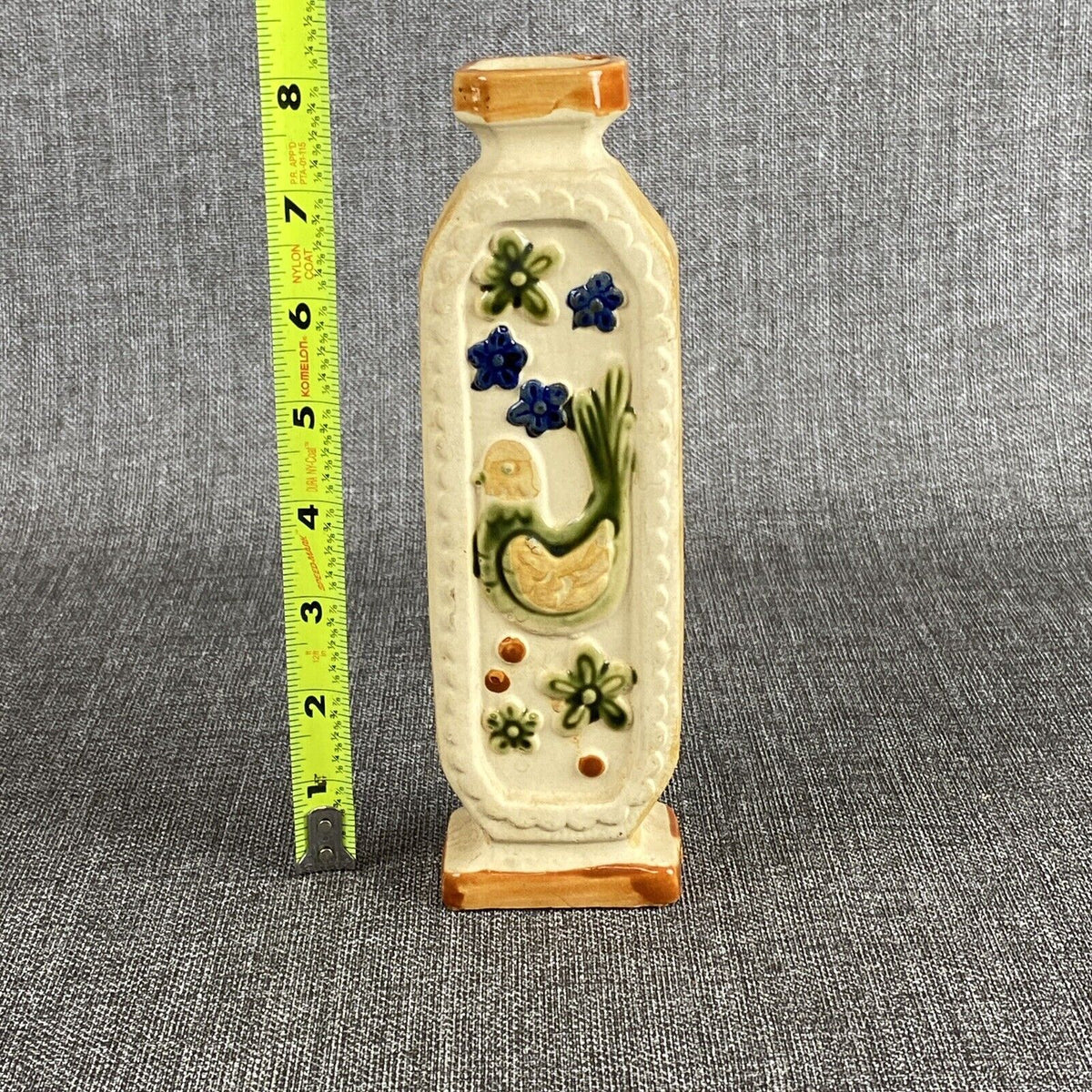 Antique Ceramic Flower Vase 8", bird and flowers, glazed , Japan