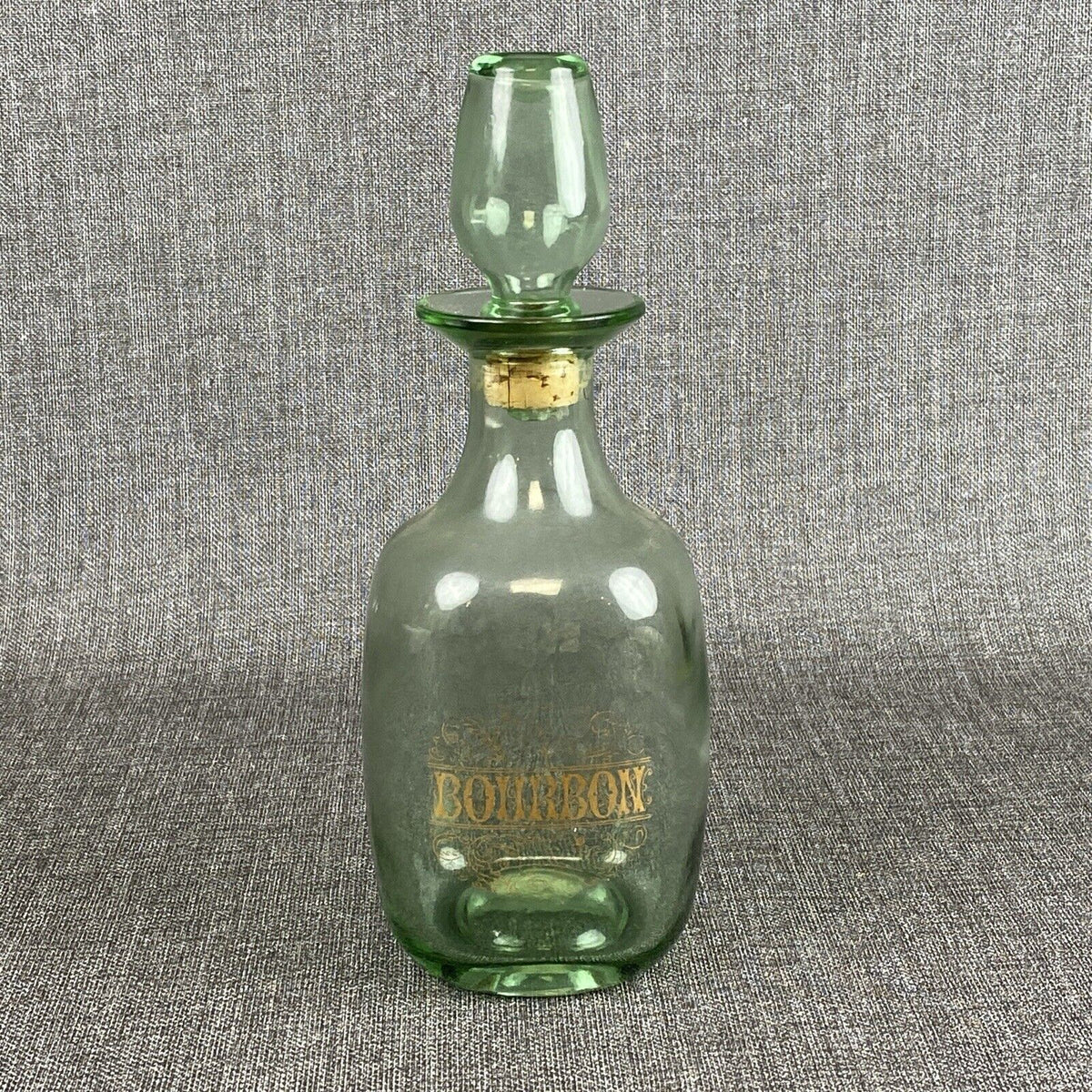 Vintage Glass Bourbon Whiskey Green Glass Decanter Bottle 11" tall Barware