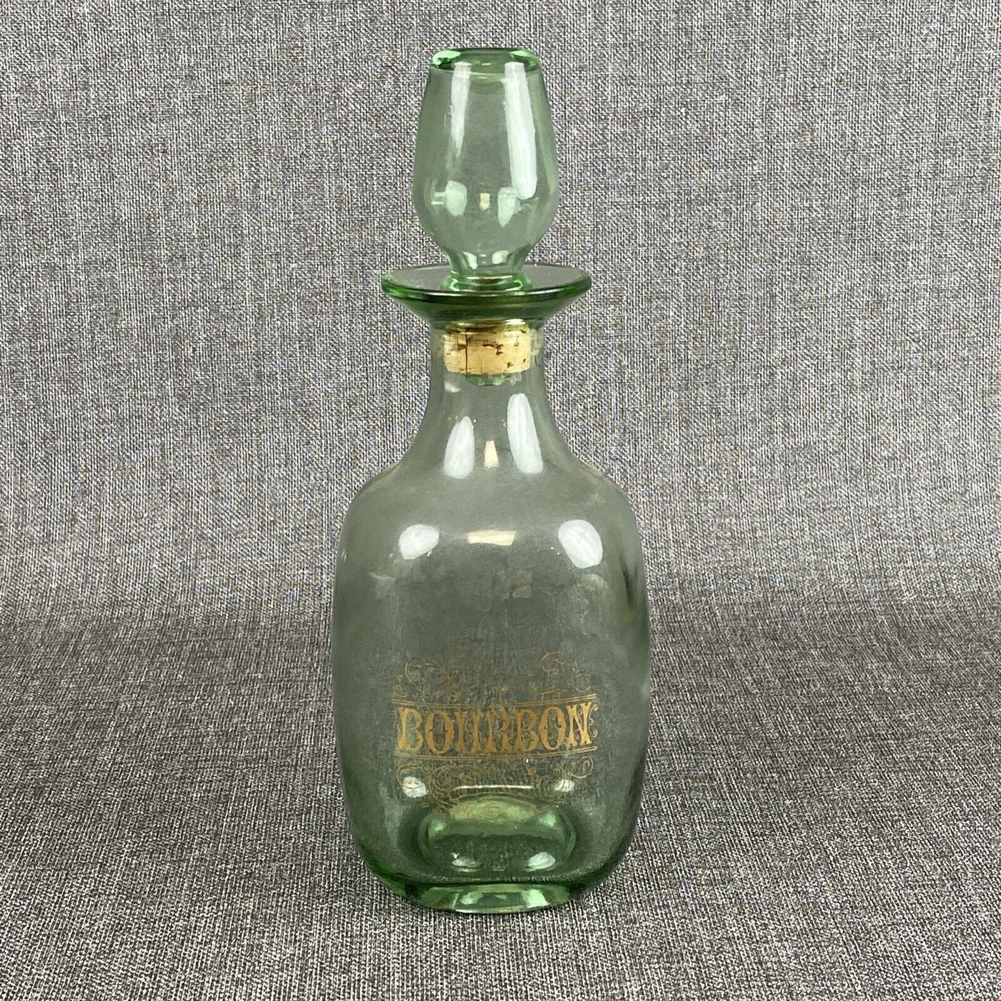 Vintage Glass Bourbon Whiskey Green Glass Decanter Bottle 11" tall Barware