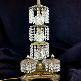 Antique HOLLYWOOD REGENCY CRYSTAL CHANDELIER TABLE LAMP Made In Italy