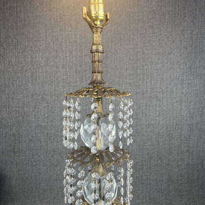 Antique HOLLYWOOD REGENCY CRYSTAL CHANDELIER TABLE LAMP Made In Italy