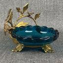 Vintage Art Glass Tray Trinket Dish with Brass Metal Birds 5.5" Diameter