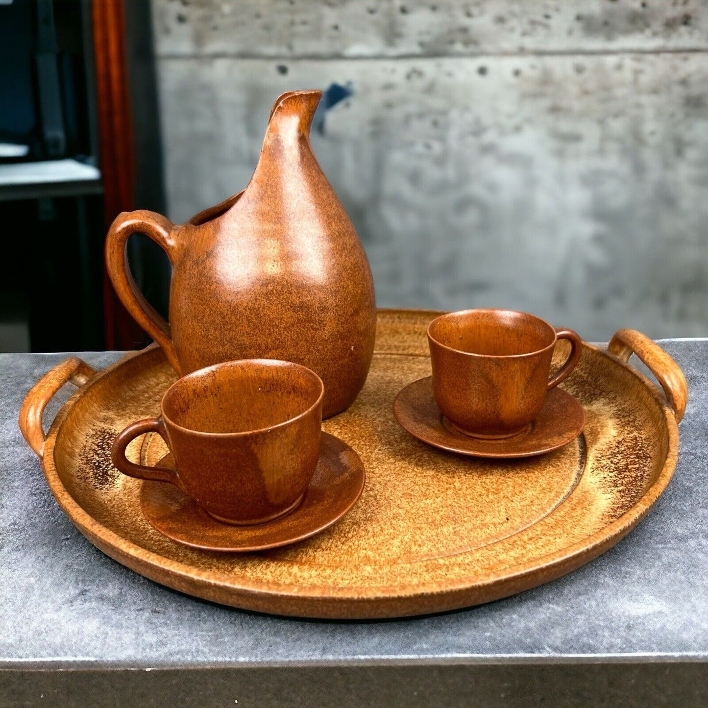 Vintage Pottery Pitcher Cups and Saucers with Tray