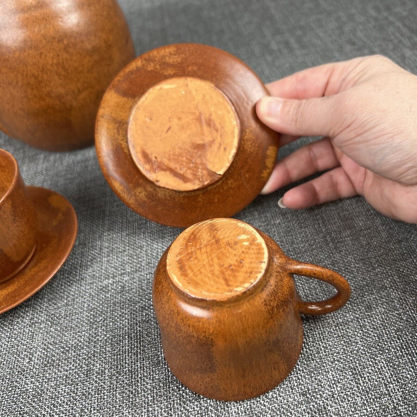 Vintage Pottery Pitcher Cups and Saucers with Tray