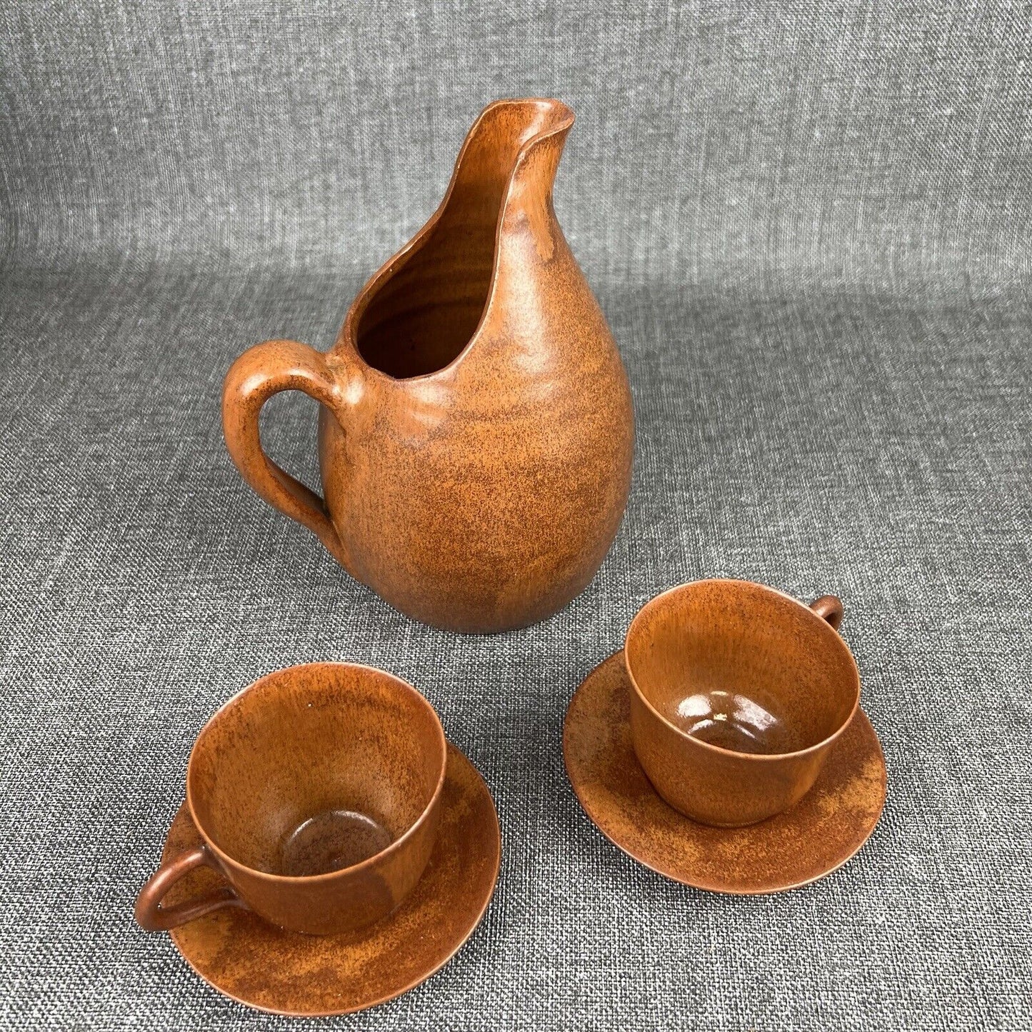 Vintage Pottery Pitcher Cups and Saucers with Tray