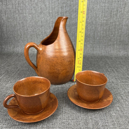 Vintage Pottery Pitcher Cups and Saucers with Tray