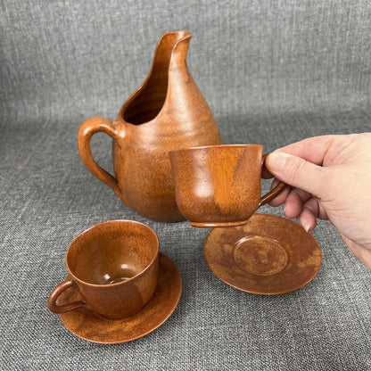 Vintage Pottery Pitcher Cups and Saucers with Tray