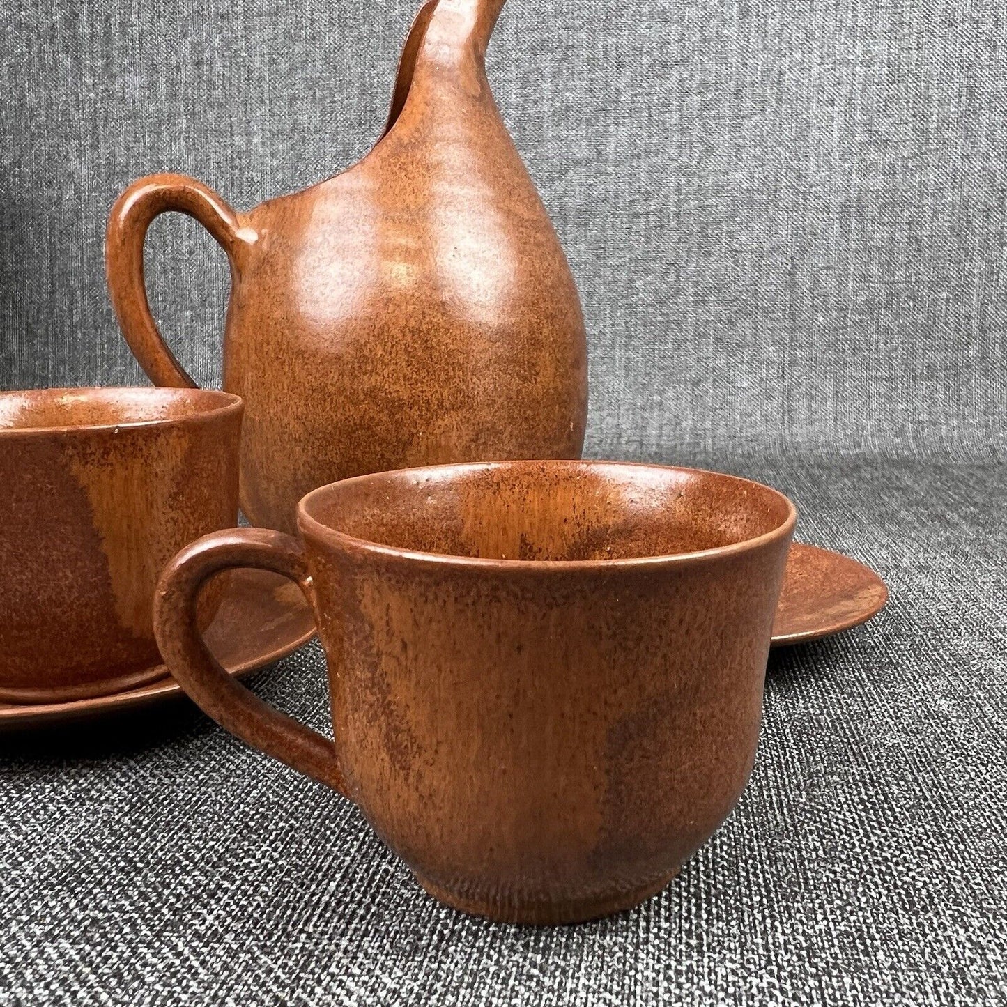 Vintage Pottery Pitcher Cups and Saucers with Tray